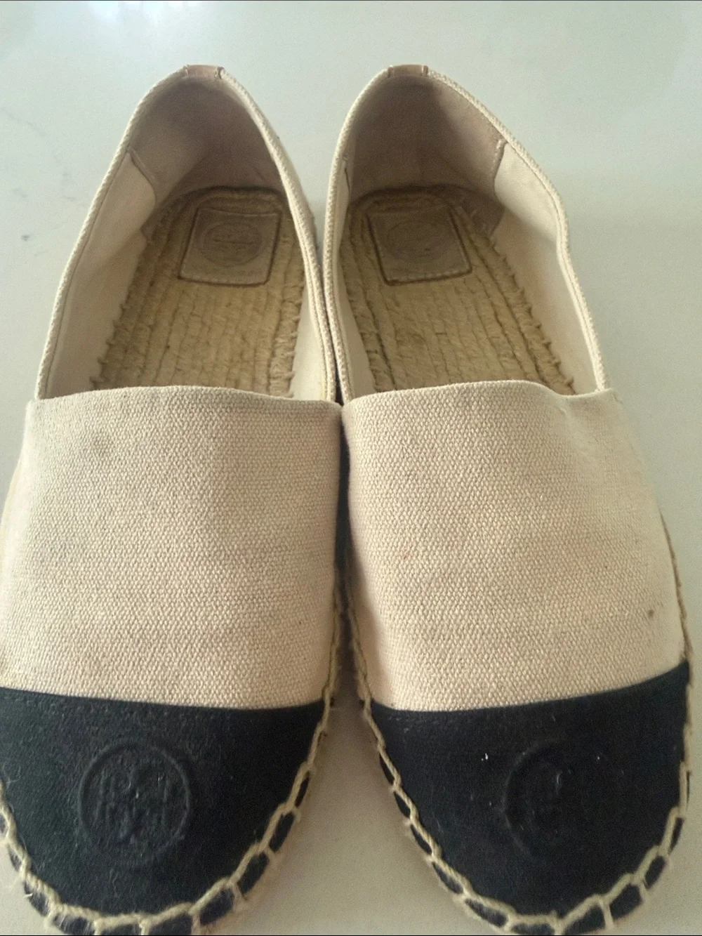 Tory Burch Two-Tone Canvas Espadrille Flats in Beige and Black